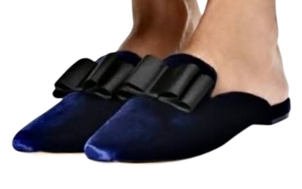 Joie Jean Navy Blue Velvet Leather Mules w/ Bow Flat Slides Glam Coquette
